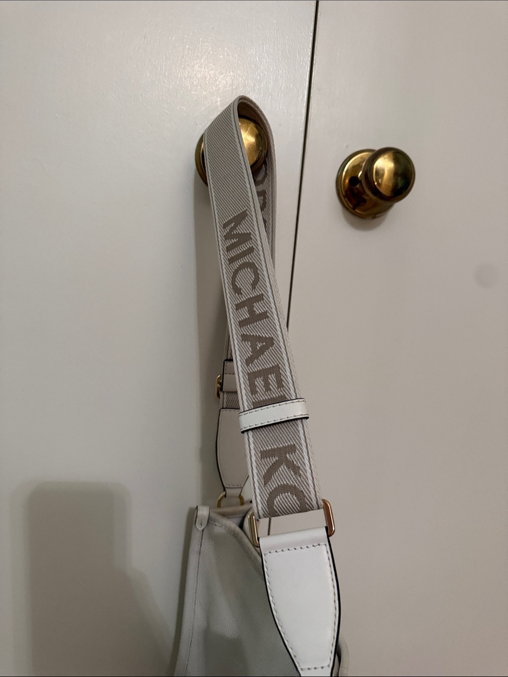 Michael Kors White Crossbody with Branded Strap and Gold Hardware